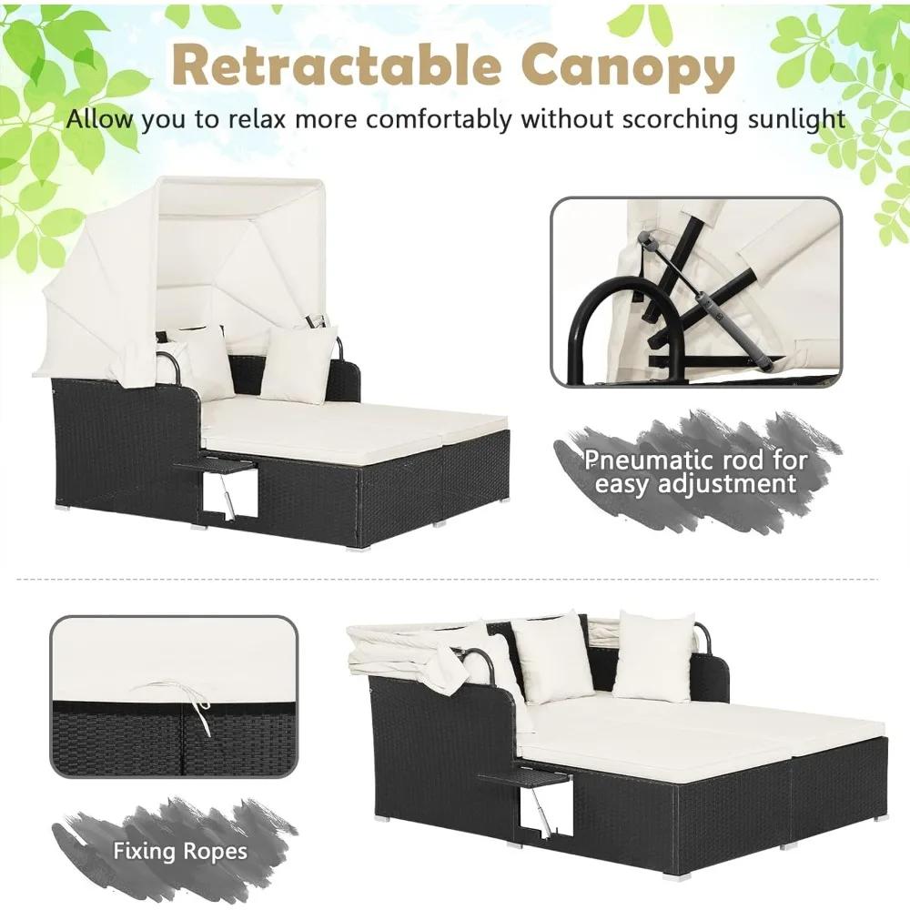 Lit de repos en rotin pour patio, chaise longue en osier Patiojoy avec auvent rétractable, 2 panneau