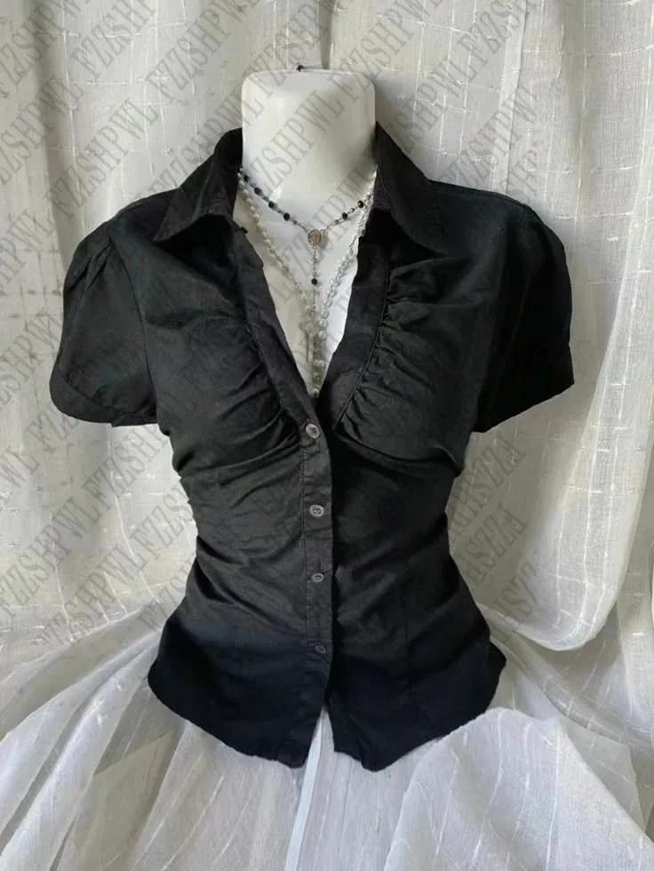Vintage esthétique femmes personnalité Y2K mince vêtements mode chemises Harajuku à manches courtes 