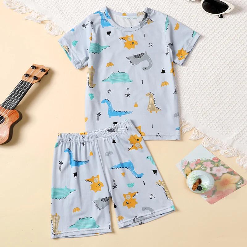 Costume été 2 pièces enfant imprimé dinosaure Joker confortable fille manches courtes rose