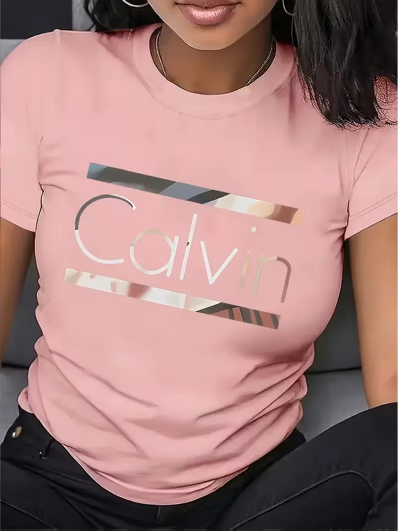 T-shirt sportswear décontracté pour femme, motif lettres Calvin, col rond, manches courtes, style Y2