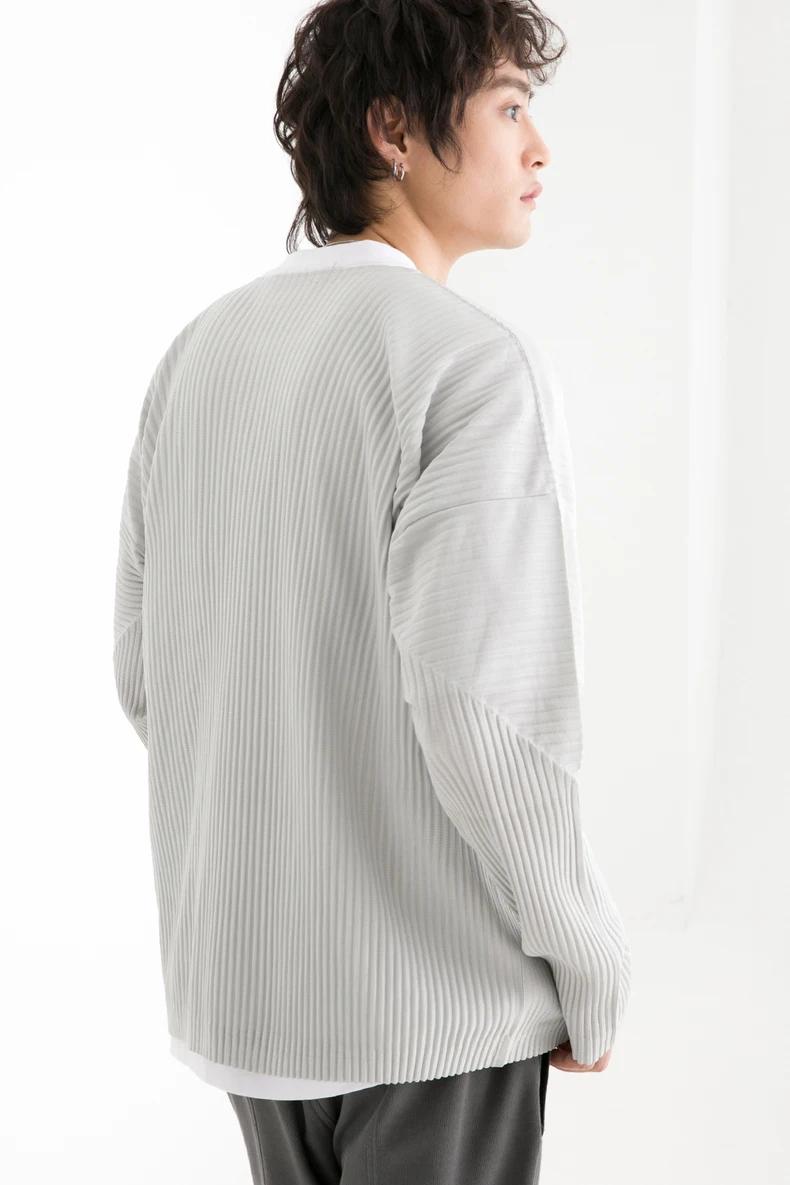 T-shirt plissé à manches longues pour hommes, haut décontracté, col rond, ata yake, adt