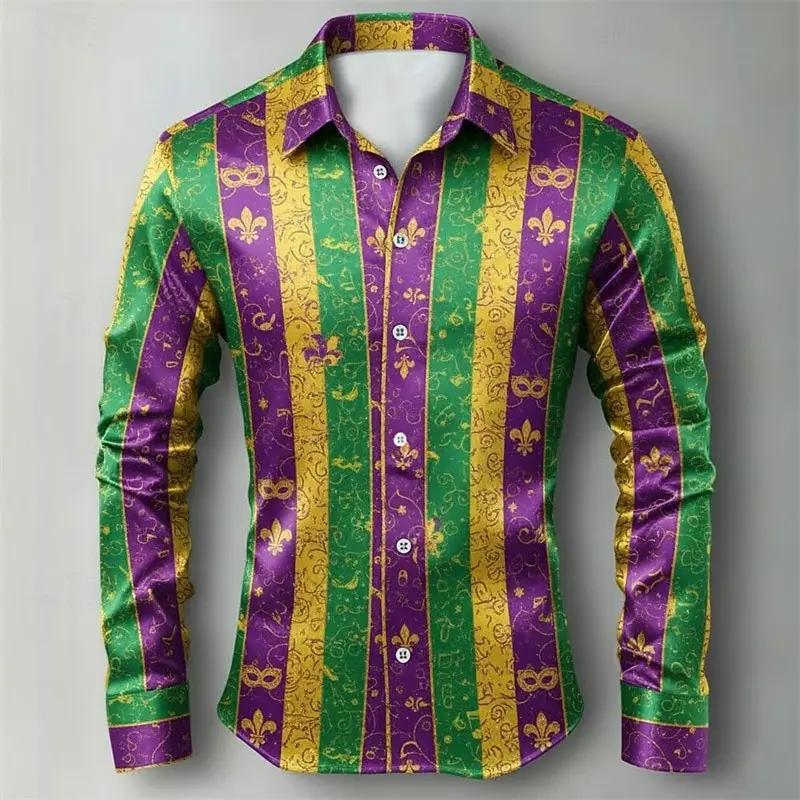 Mardi Gras – chemise à carreaux pour hommes, chemise boutonnée à manches longues, hawaïenne, décontr