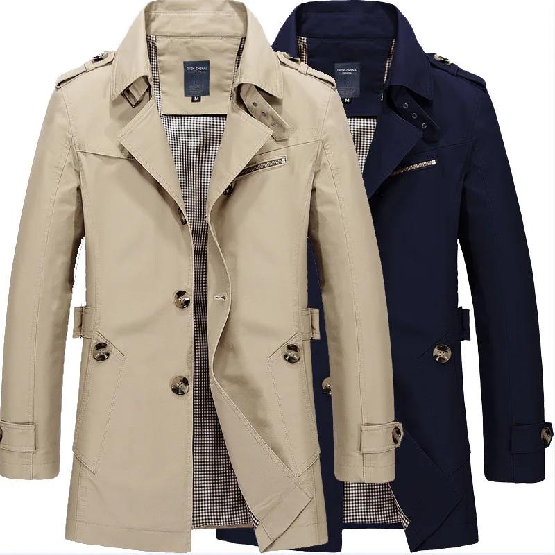 Veste coupe-vent mi-longue pour homme, col rabattu, simple, à simple boutonnage, manches longues, av