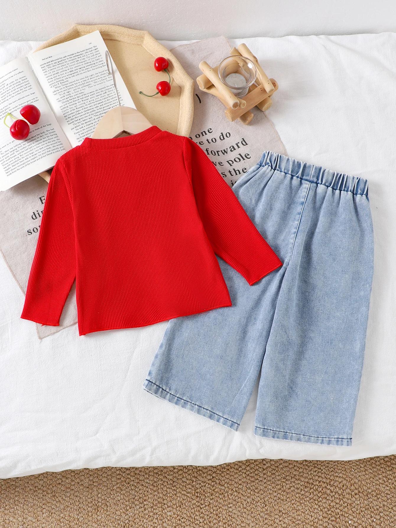 Ensemble filles 1-3 ans haut rouge manches longues + pantalon denim cerise - Printemps automne