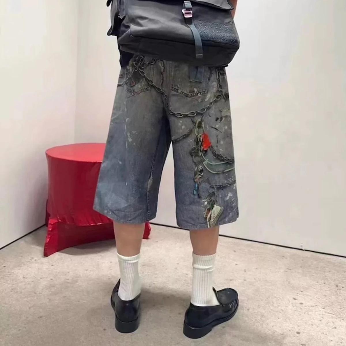Shorts en jean baggy patchwork imprimé 3D pour hommes, style streetwear, nouvelle collection été, co