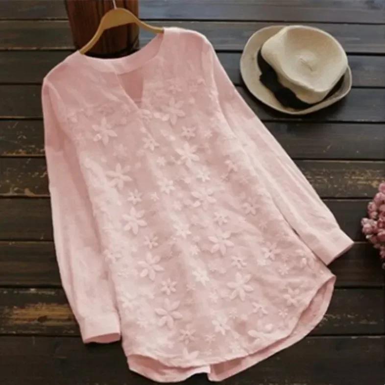 Chemisier en coton et lin brodé pour femmes, décontracté, mode, ample, blanc, chemise élégante, gran
