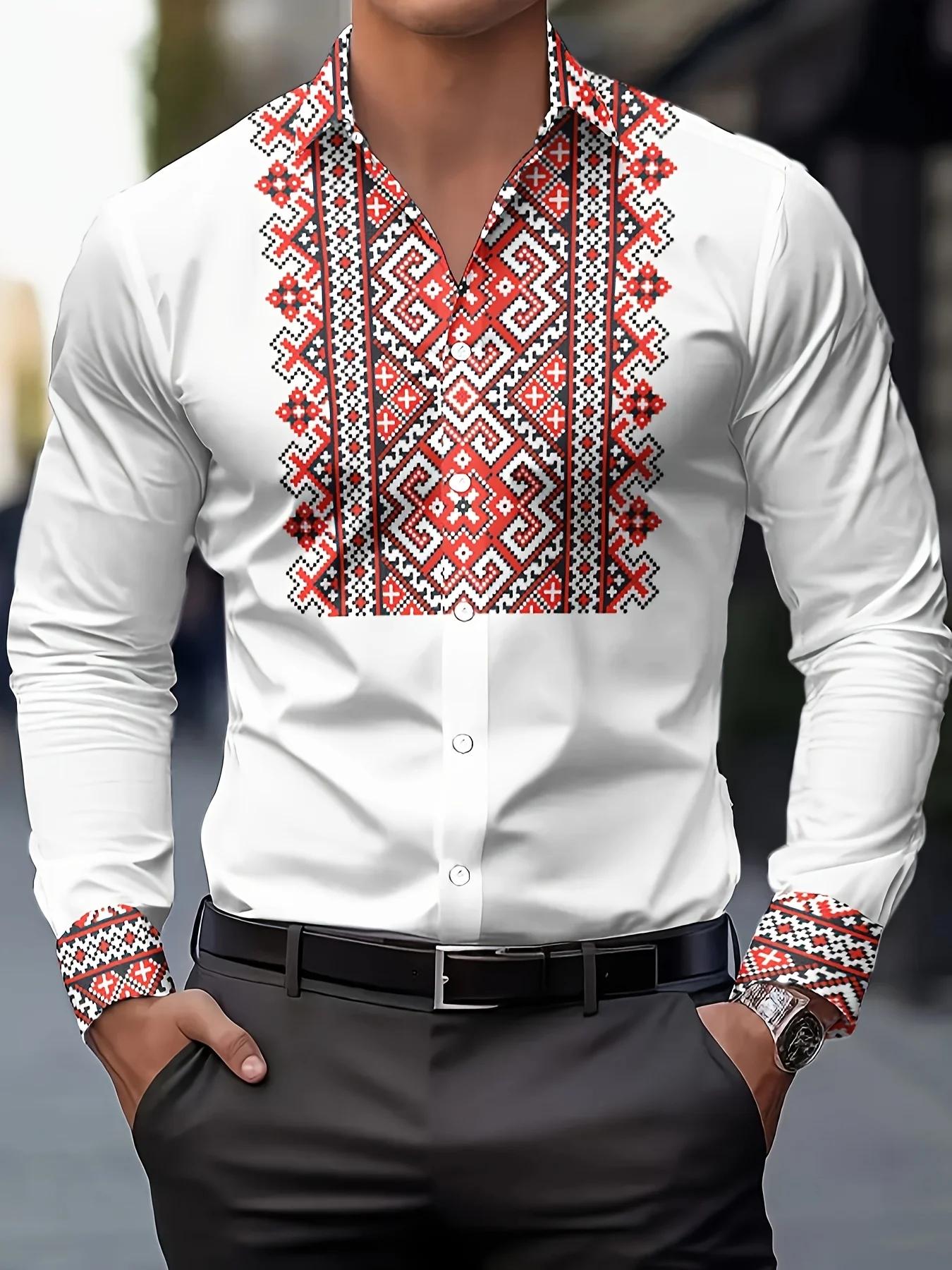 Chemise à manches longues pour hommes, imprimé géométrique, en Polyester respirant, décontracté, rev