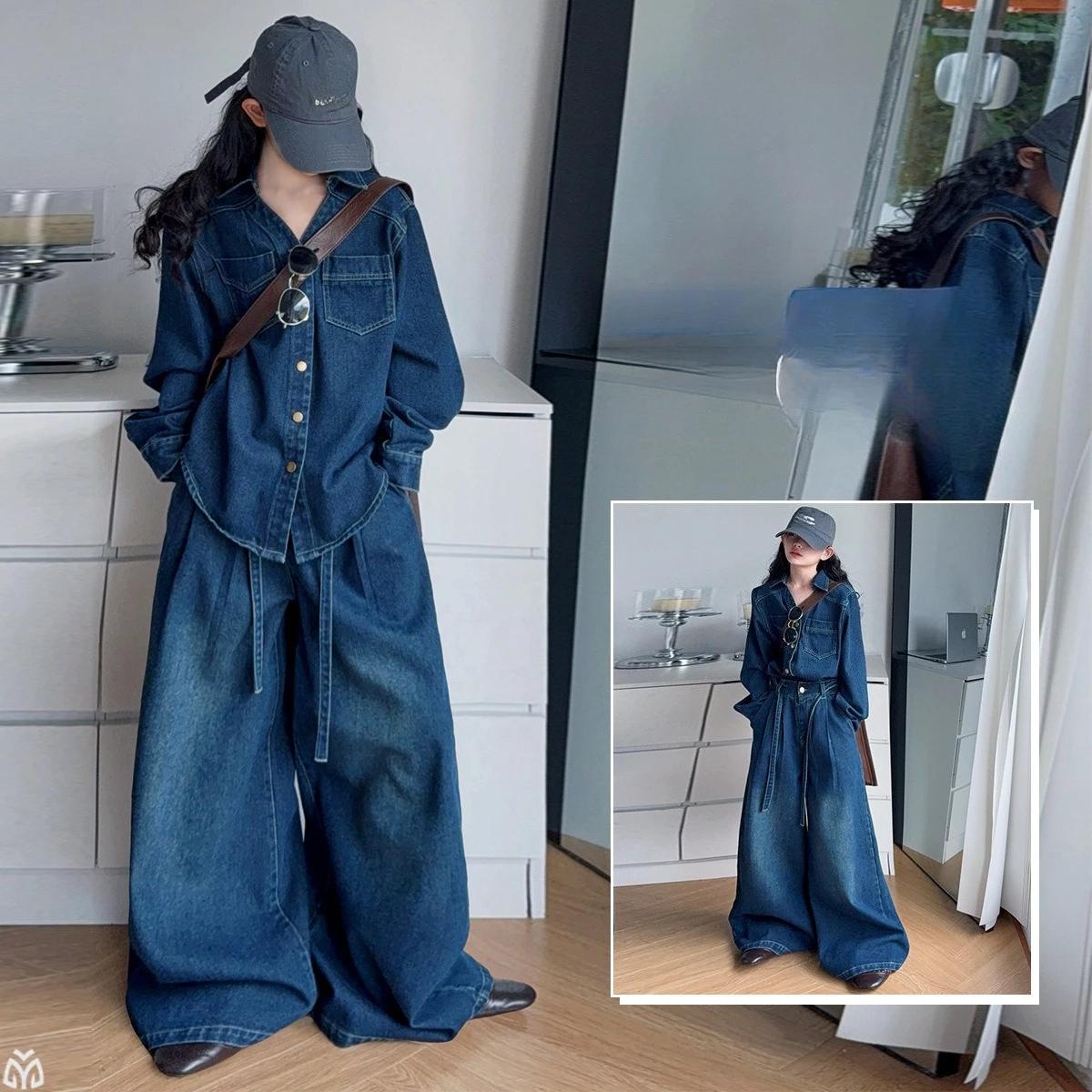 Costume de vêtements en denim pour adolescentes, design français, chemise en jean irrégulière + jean