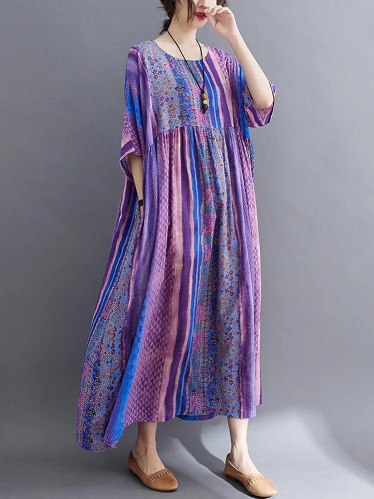 Manches courtes coton lin Vintage violet robes florales pour les femmes décontracté ample longue rob