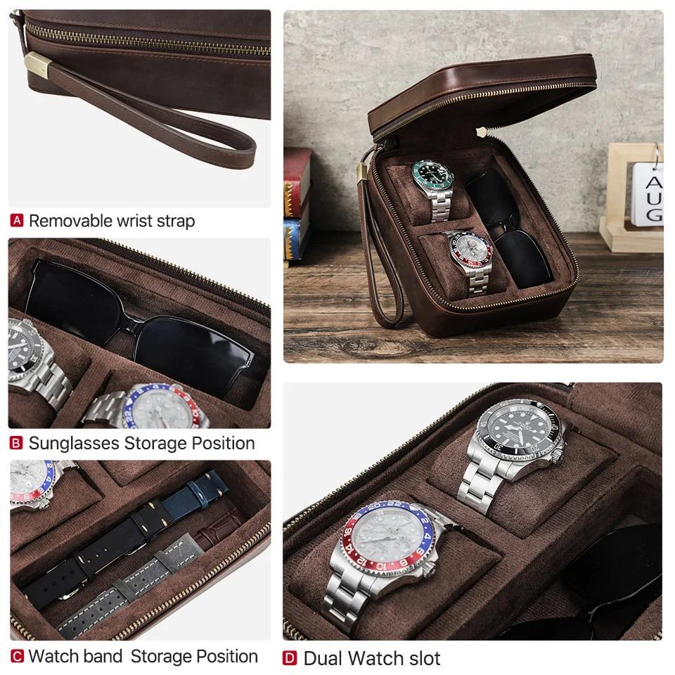 Étui de montre de luxe en cuir véritable, boîte à bijoux pour lunettes de soleil, montres portables 