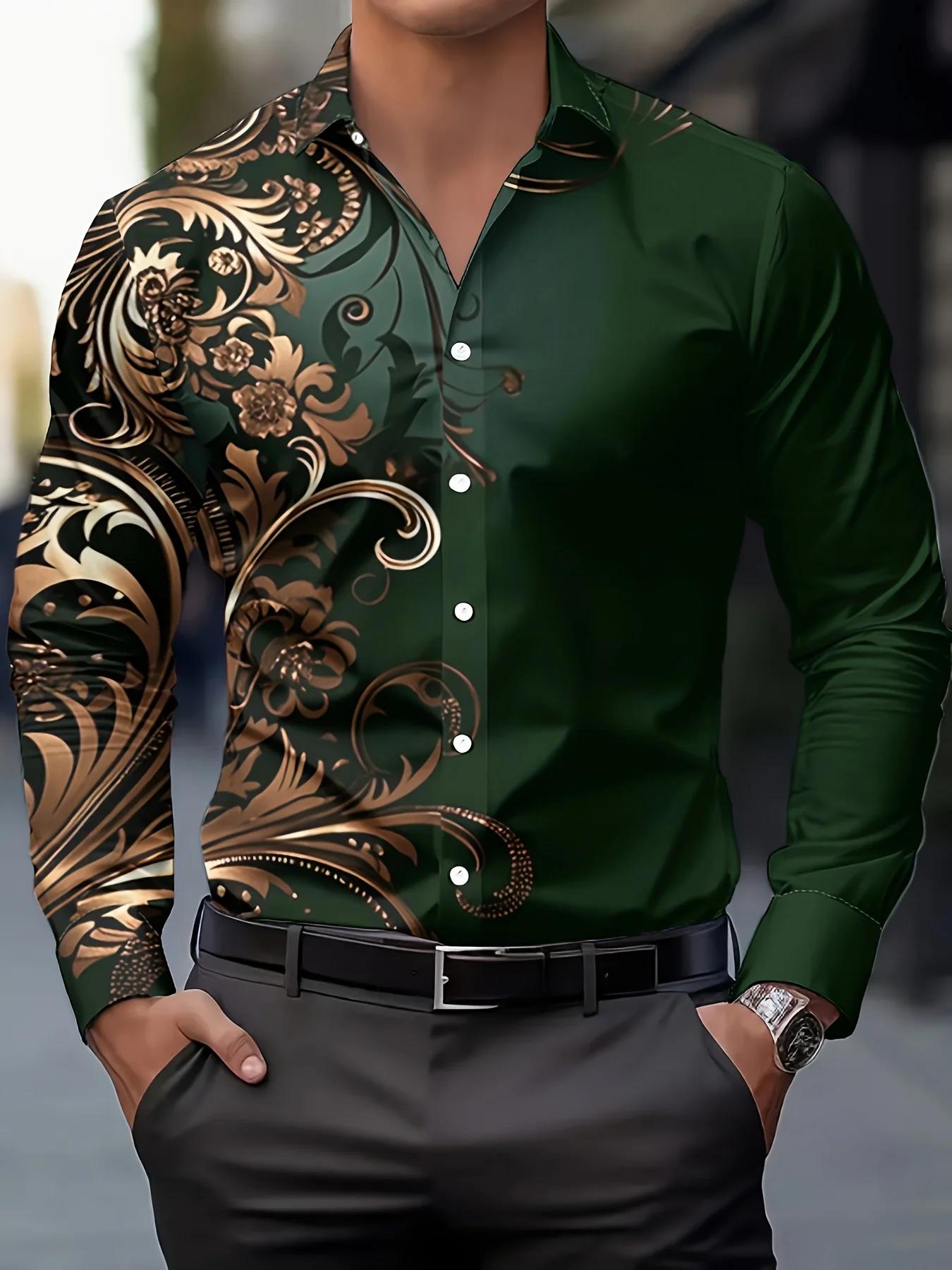 2025 Chemise à manches longues à imprimé floral dégradé pour hommes Décontracté Slim Fit Streetwear 