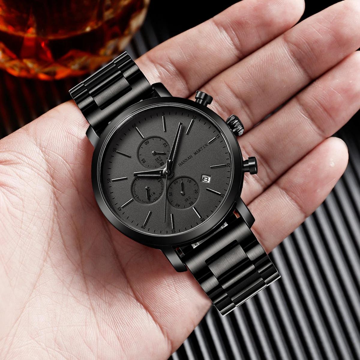 HANNAH MARTIN marque haut hommes montre noir en acier inoxydable mode étanche sport multifonctionnel