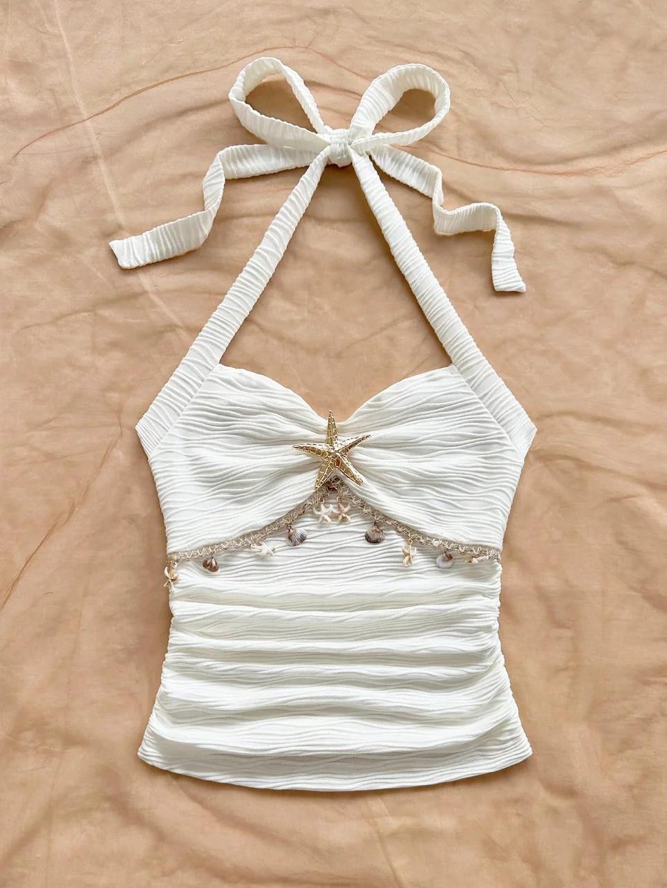 Cravate à bretelles pour femmes, décoration de coquille d'étoile de mer, gilet en tissu tricoté à bo