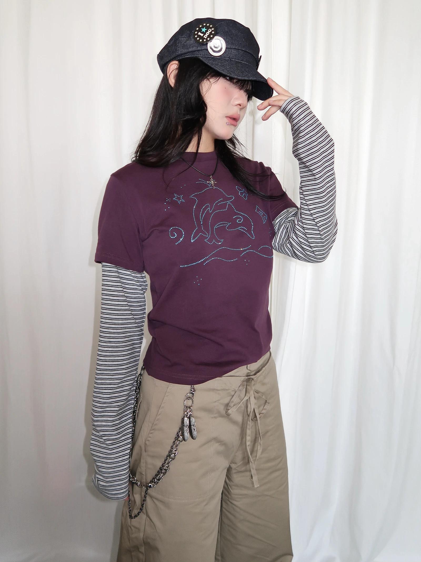 Tonngirl Y2k T-shirt Vintage femmes à manches longues Patchwork japonais années 2000 Grunge hauts St