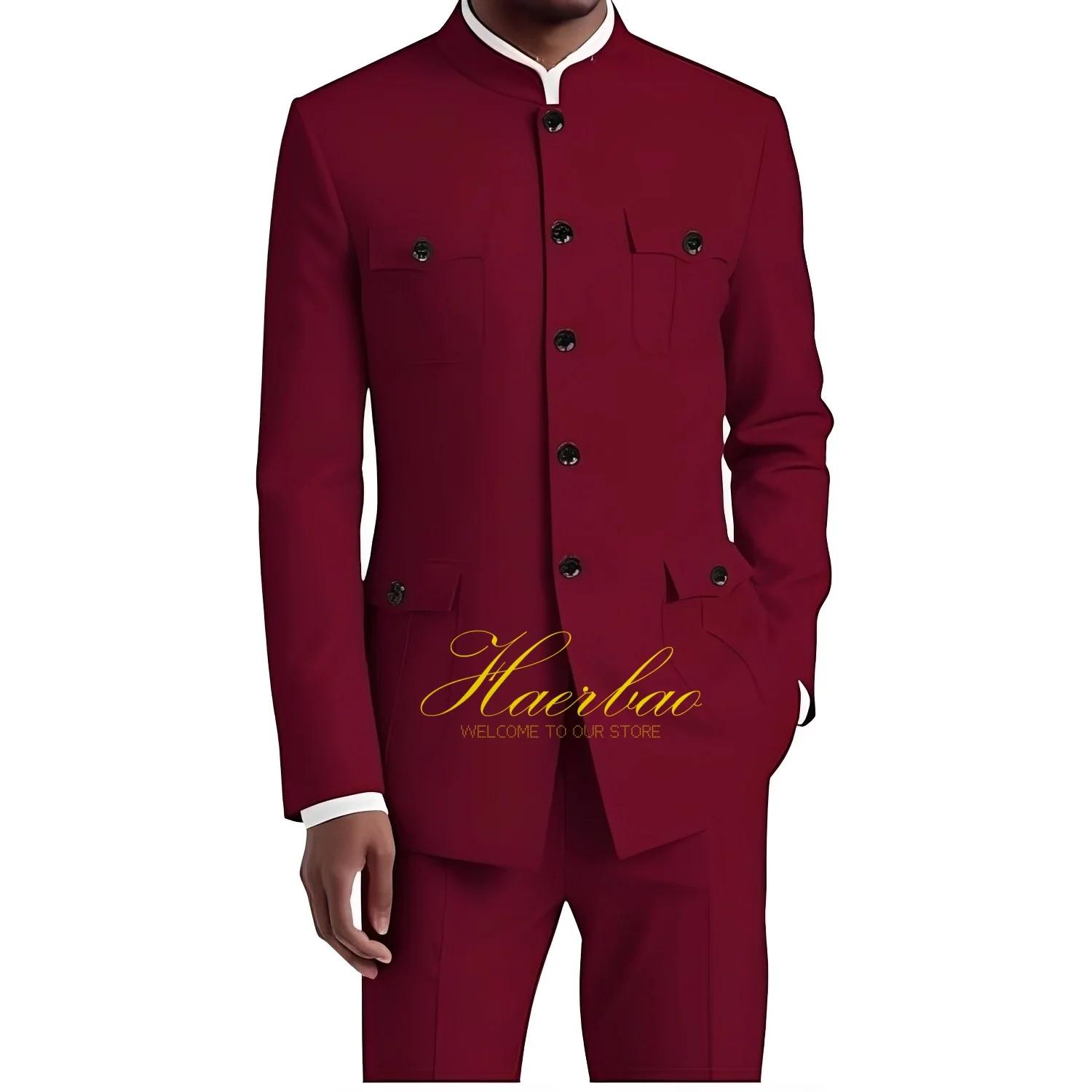 Costume chinois pour homme, ensemble formel 2 pièces, veste à col, coupe ajustée, blazer 4 poches, c