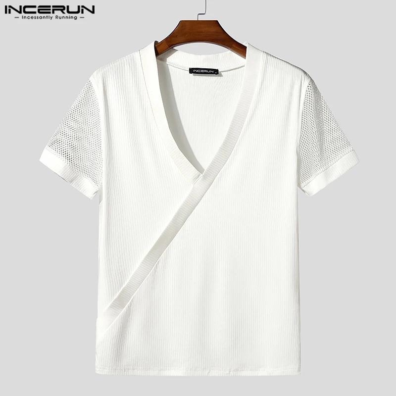 INCERUN hommes t-shirt maille Patchwork col en V à manches courtes hommes t-shirt hauts été Streetwe