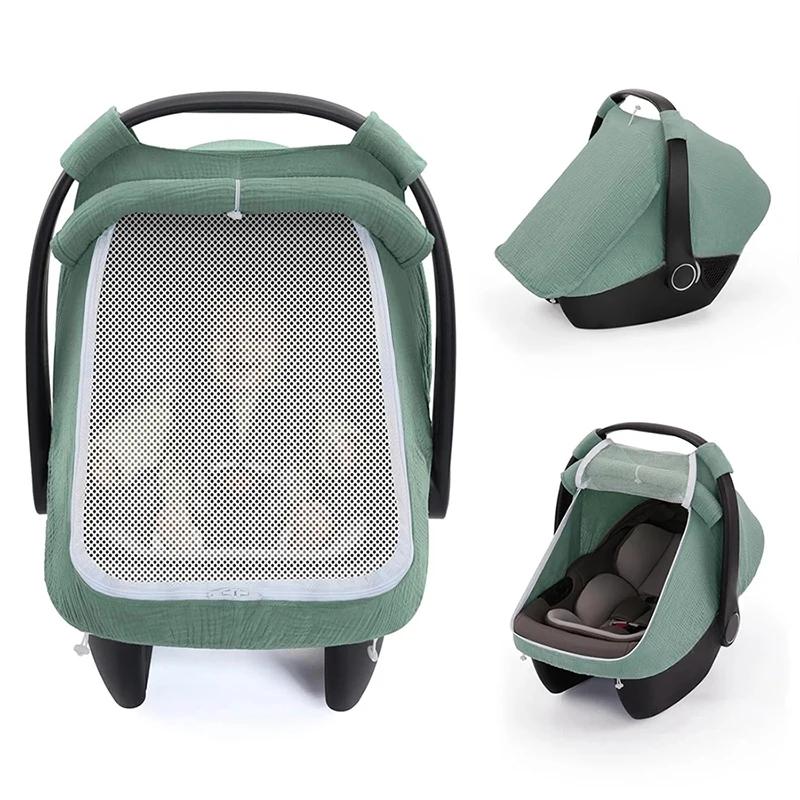 Housse de siège auto pour bébé en coton mousseline respirant avec grande fenêtre en maille, auvent d