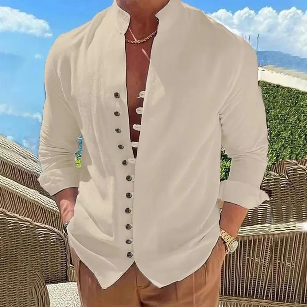 Chemise en coton et lin pour hommes, chemises à manches longues, couleur unie, boutonnée, Style déco