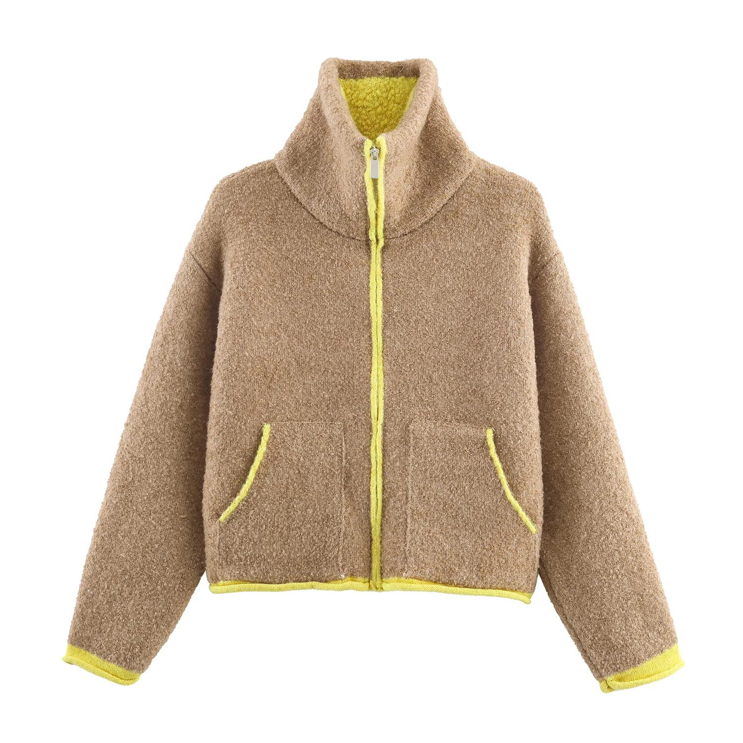 Veste de pilote tricotée pour femme, nouveau produit, Style paresseux, ample, couleur contrastée, co