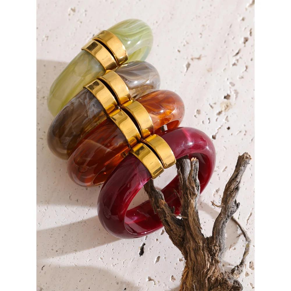 Yhpup 66mm vert rose marron violet acrylique épais Bracelet Bracelet pour femmes en acier inoxydable