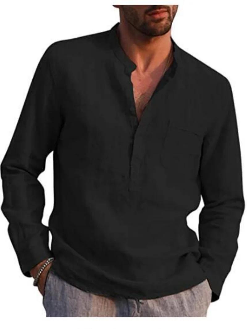 Chemise à manches longues en lin pour hommes, col montant, bouton sur le devant, poche simple sur la