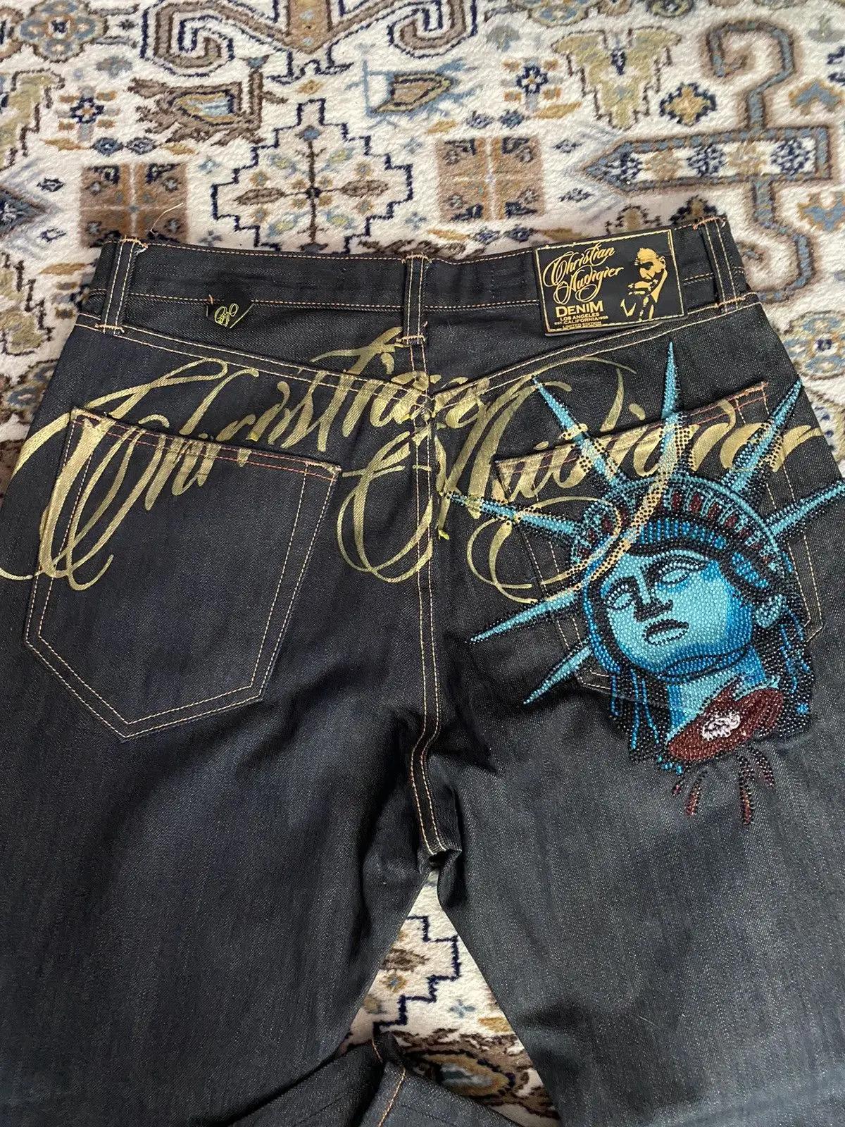 Jean décontracté vintage années 2000 avec motif Statue de la Liberté et diamants, taille haute, coup