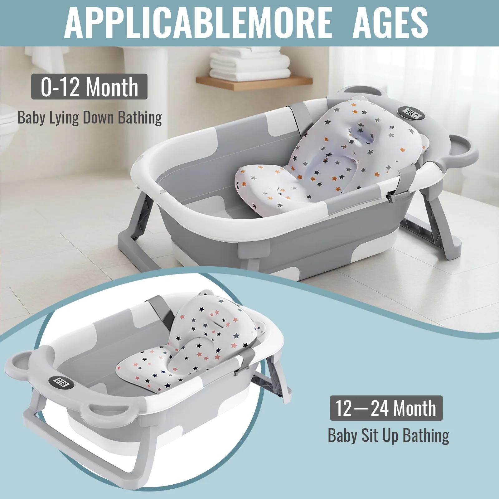 Baignoire pliable pour bébé avec thermomètre, baignoire de voyage portable avec tapis de bain doux,