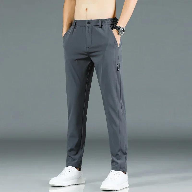 Pantalon fin en soie glacée pour hommes, extensible, décontracté, taille élastique, lisse, vêtements