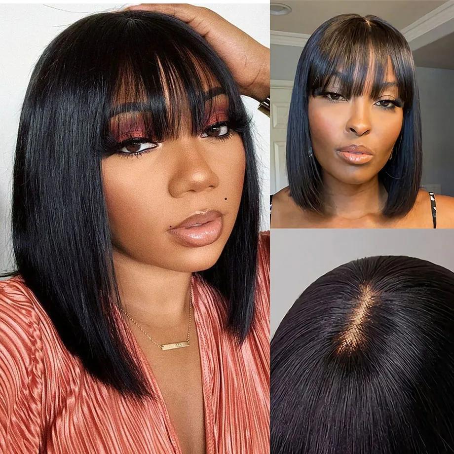 Perruque Bob Lace Wig Brésilienne Naturelle, Cheveux Courts et Lisses, avec Frange, 3x1 HD, 100% de 