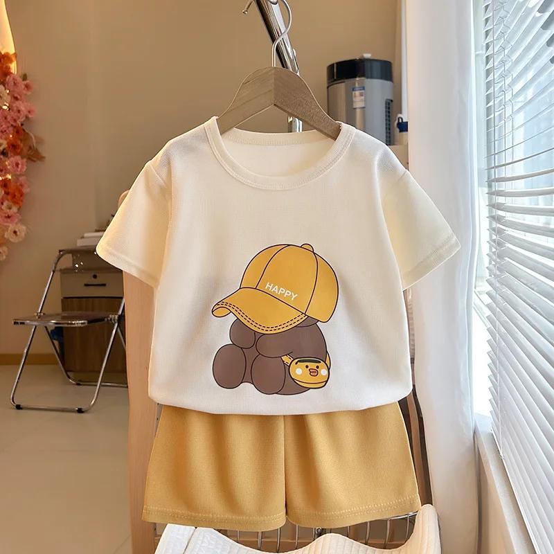 Costumes à manches courtes pour enfants, t-shirts à col rond, shorts pour documents solides, nouveau
