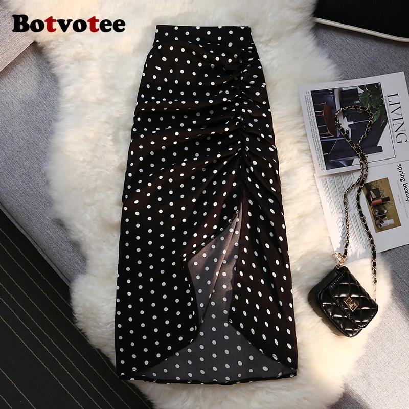 Botvotee Sexy Vintage Pokal Dot imprimé trompette jupe Midi pour les femmes dos élastique côté fendu