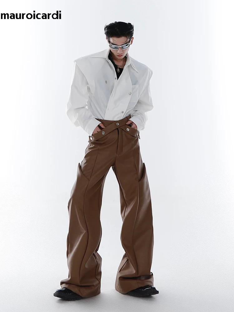 Mauroicardi printemps automne longue ample décontracté marron noir Pu cuir pantalon hommes de luxe v