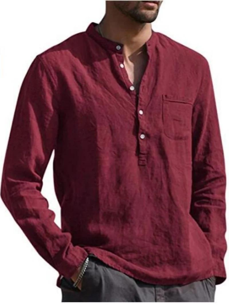 Chemise à manches longues en lin pour hommes, col montant, bouton sur le devant, poche simple sur la
