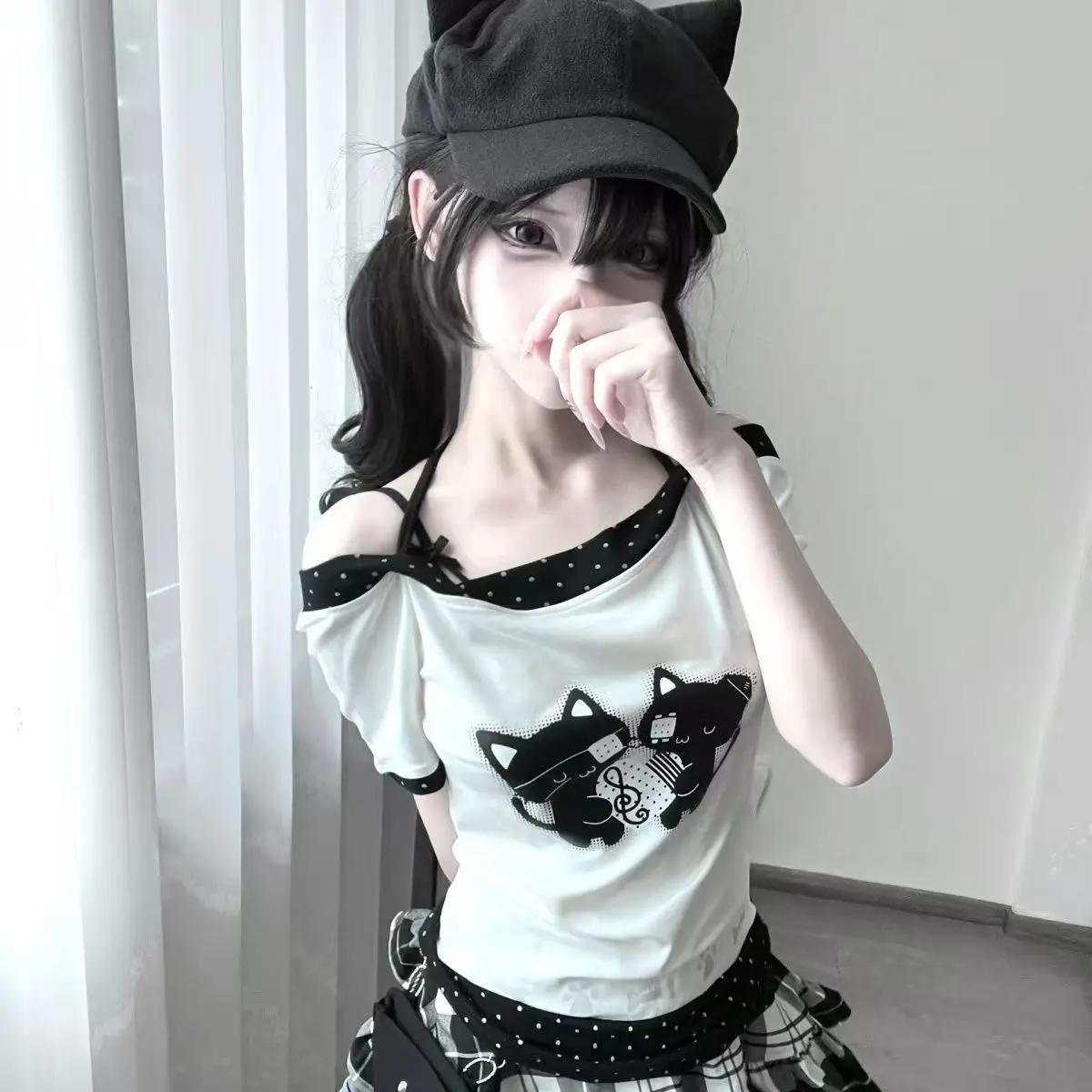 T-shirt pour femme, imprimé à pois, style japonais, kawaii, dessin animé, ample, décontracté, contra