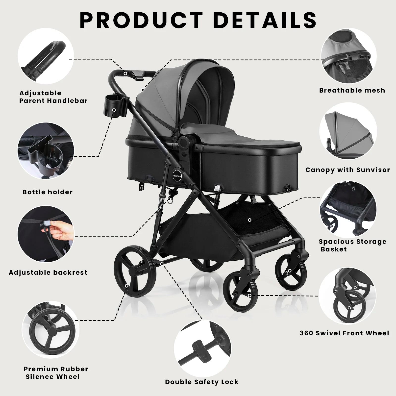 Poussette pour bébé 2 en 1, landau pliable avec siège réversible, auvent réglable, panier de rangeme