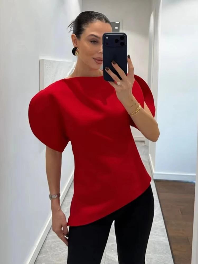 Blouse élégante blanche à manches bouffantes et ourlet asymétrique pour femme HH, col bateau uni, co