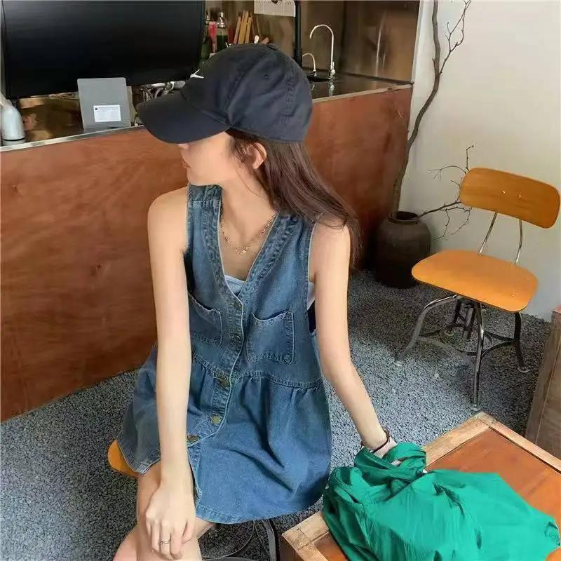Robe d'été sans manches à bretelles pour femme, style coréen, en jean, coupe ample, mini-robe trapèz