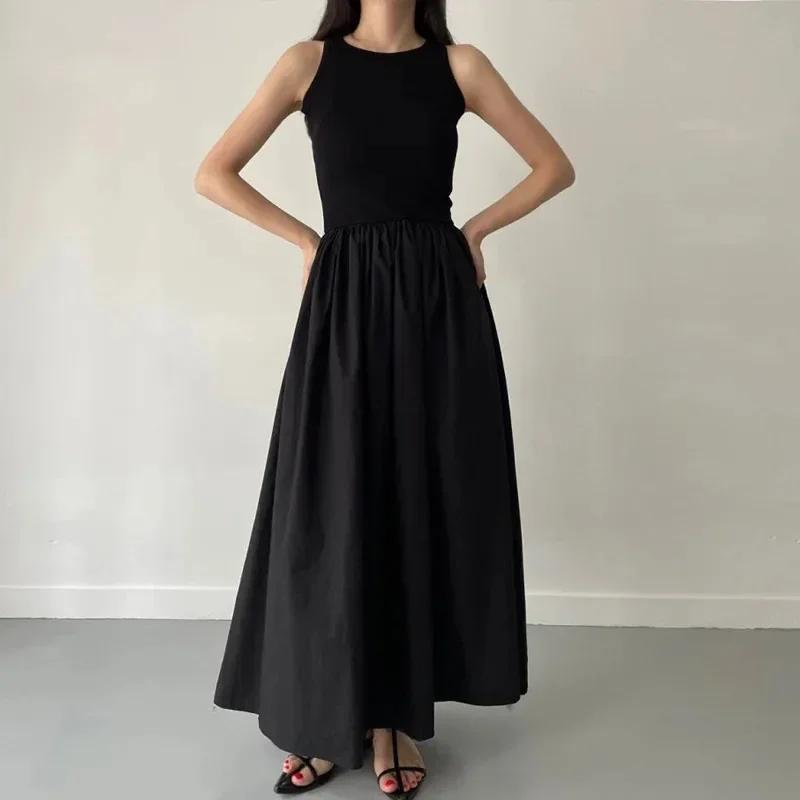 Robe longue noire Simple et élégante pour femmes, col rond, sans manches, taille haute, tempérament,