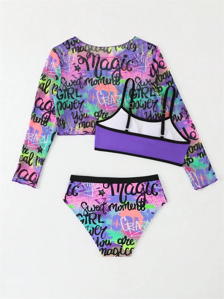 Bikini enfants filles maillot de bain 2026 nouveau violet lettre fronde maille à manches longues enf