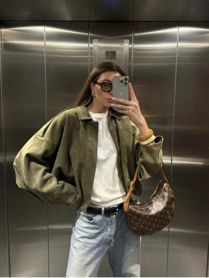 ETJ 2025 printemps nouveau effet de texture en daim pour femmes version ample de la mode revers épau