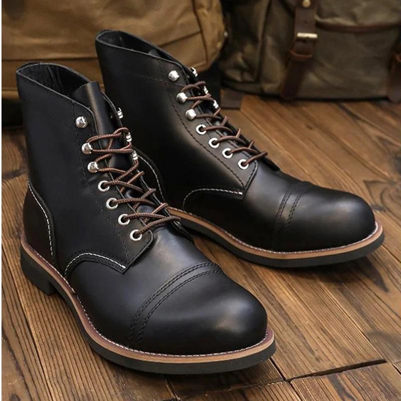 Amekaji Bottes de moto en cuir vintage, bottes du désert à bout pointu véritable avec semelle épaiss