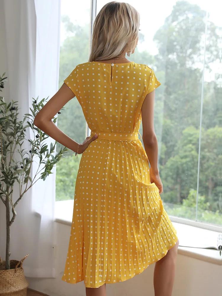 Benuynffy-Robe trapèze ceinturée à pois pour femmes, col rond, manches cape, longueur genou, froncée