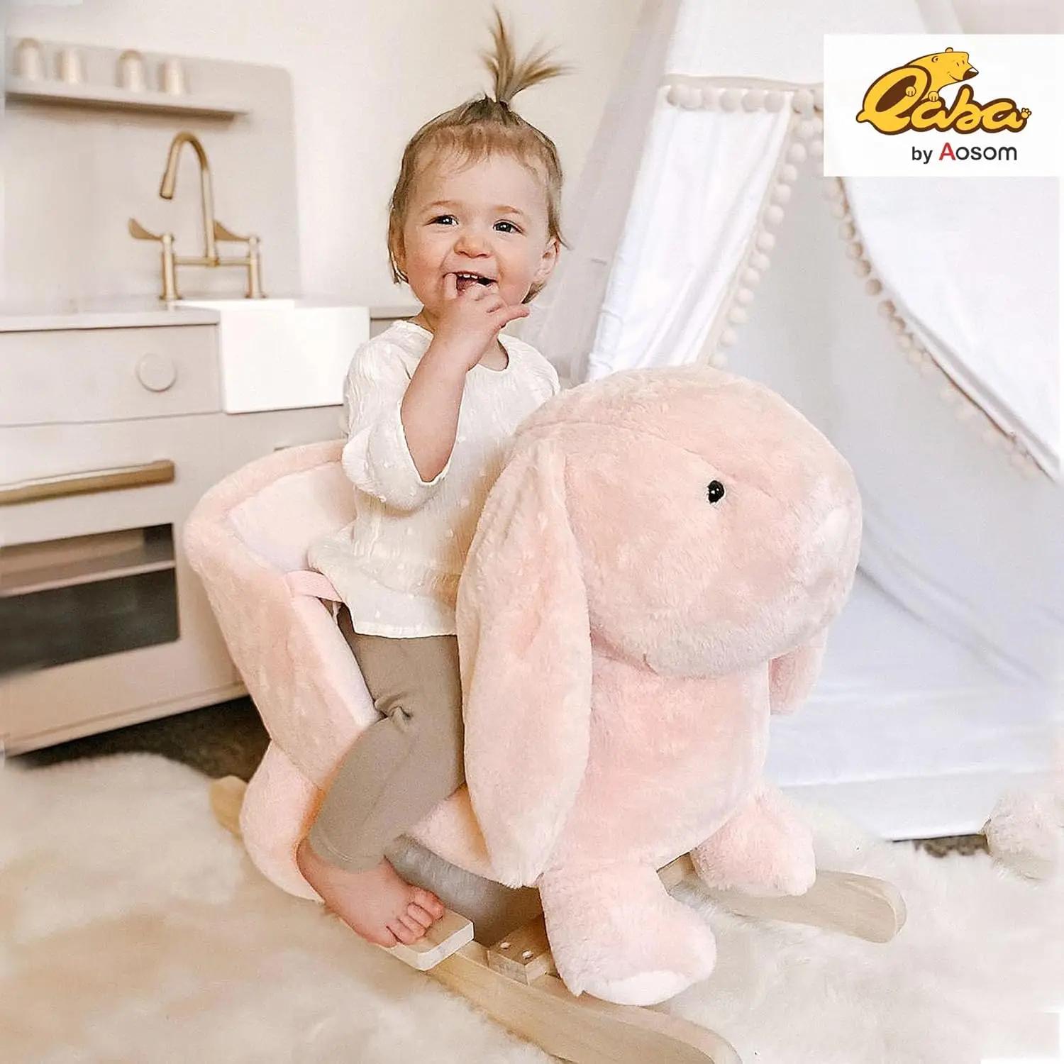 Qaba bébé cheval à bascule, lapin en peluche Animal Rocker avec son simulé, base en bois, ceinture d