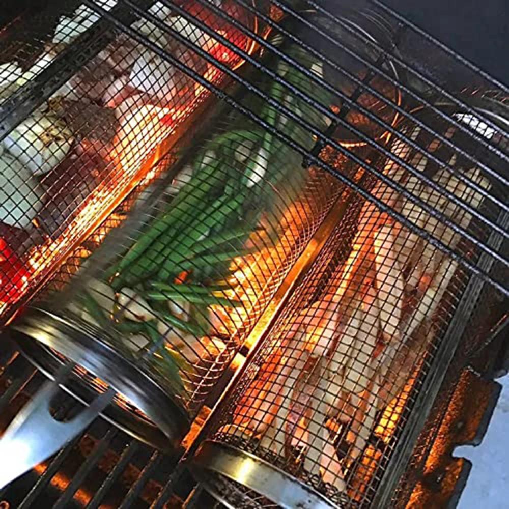 Panier à grillades roulant en acier inoxydable, panier à gril en maille Portable pour Camping en ple