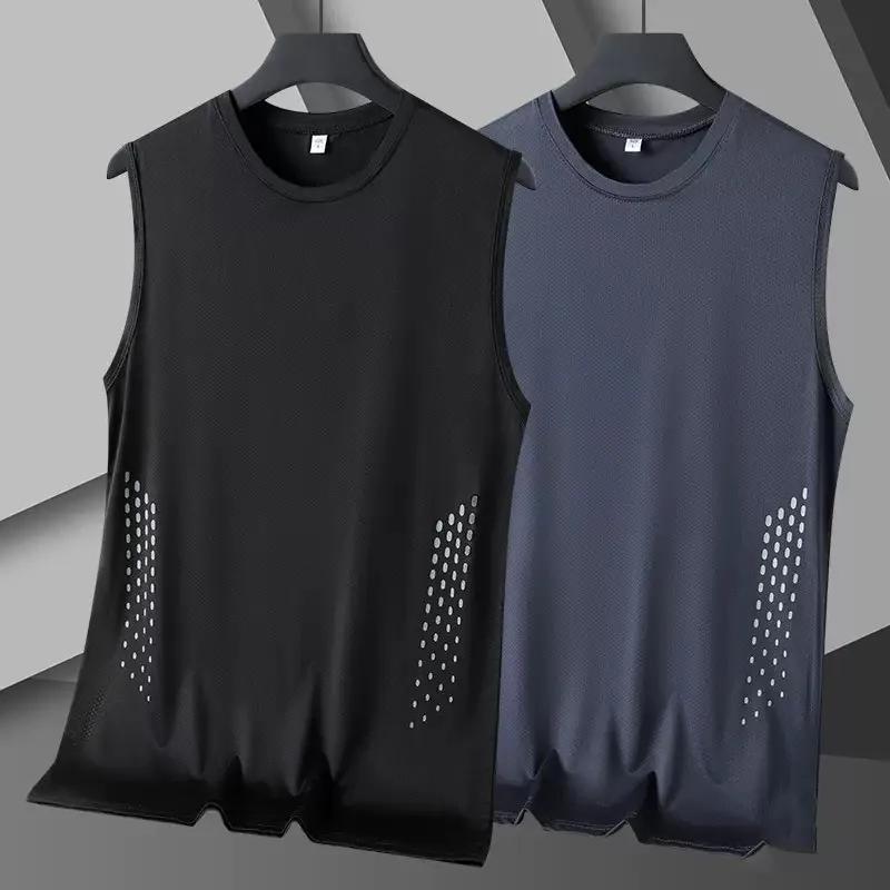 Débardeur d'été en maille pour homme, sans manches, imprimé, col rond, en soie glacée, pour le baske