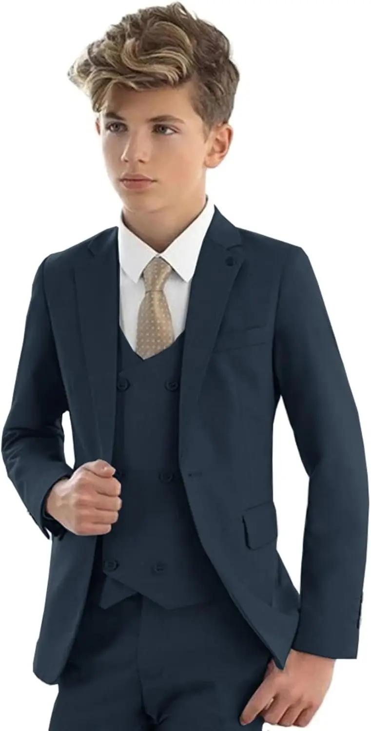Costume pour garçons, smoking de mariage formel, Blazer à revers, pantalon, gilet, coupe cintrée, en