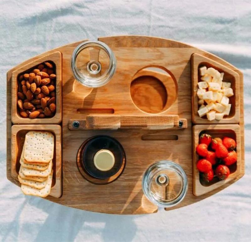 Table de pique-nique pliante en bois avec porte-verre, bureau rond pliable, porte-verre à vin, table