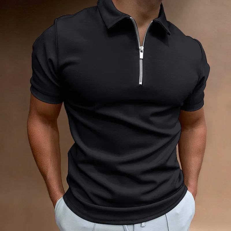 Polo d'été à manches courtes pour hommes, couleur unie, col rabattu, fermeture éclair, t-shirts et d