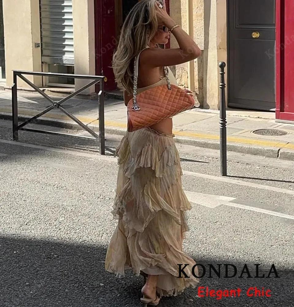 KONDALA femmes élégant Hippie jupe dégradé imprimé à plusieurs niveaux à volants jupes longues 2025 