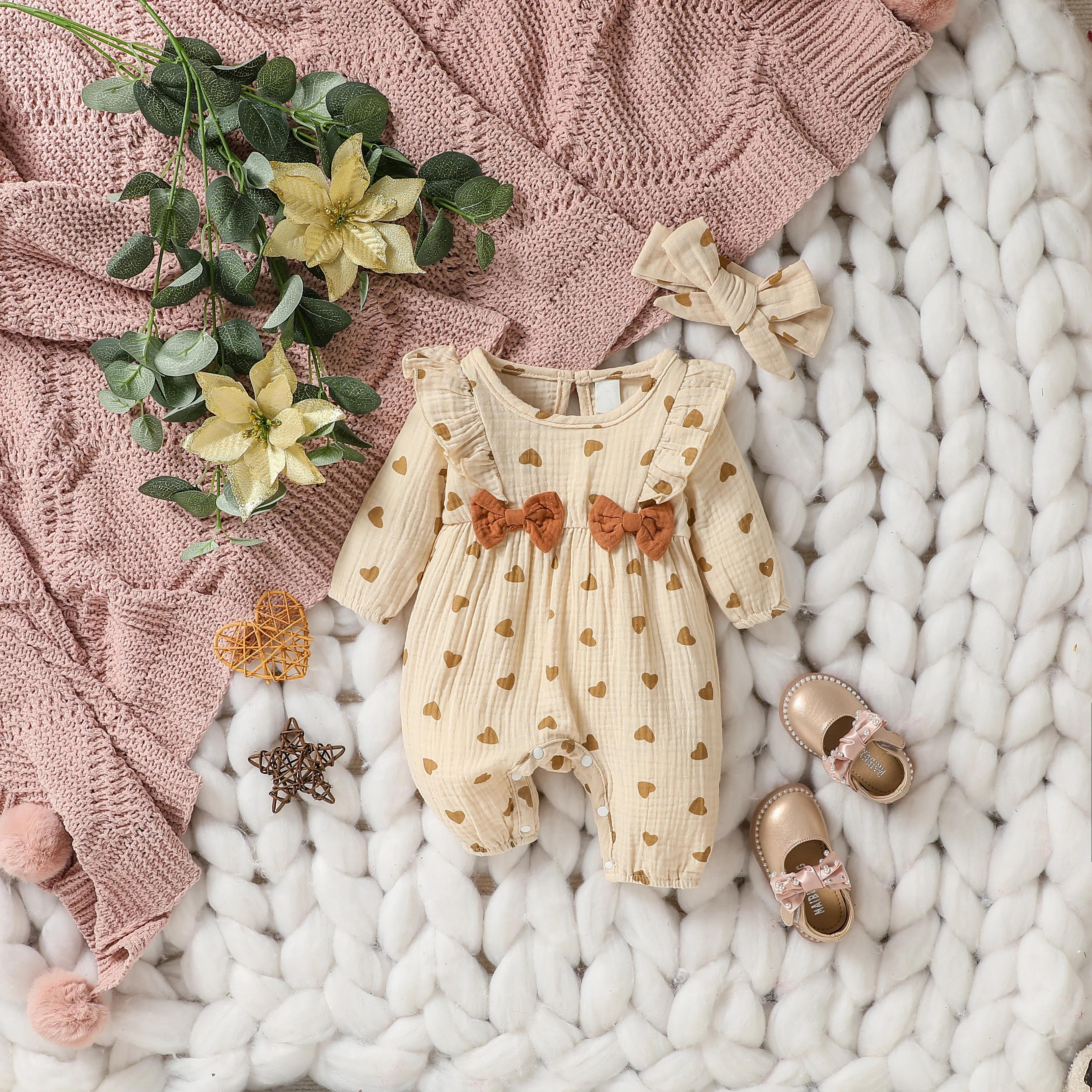Combinaison à manches longues avec nœud papillon pour bébé fille, combinaison décontractée, amour im
